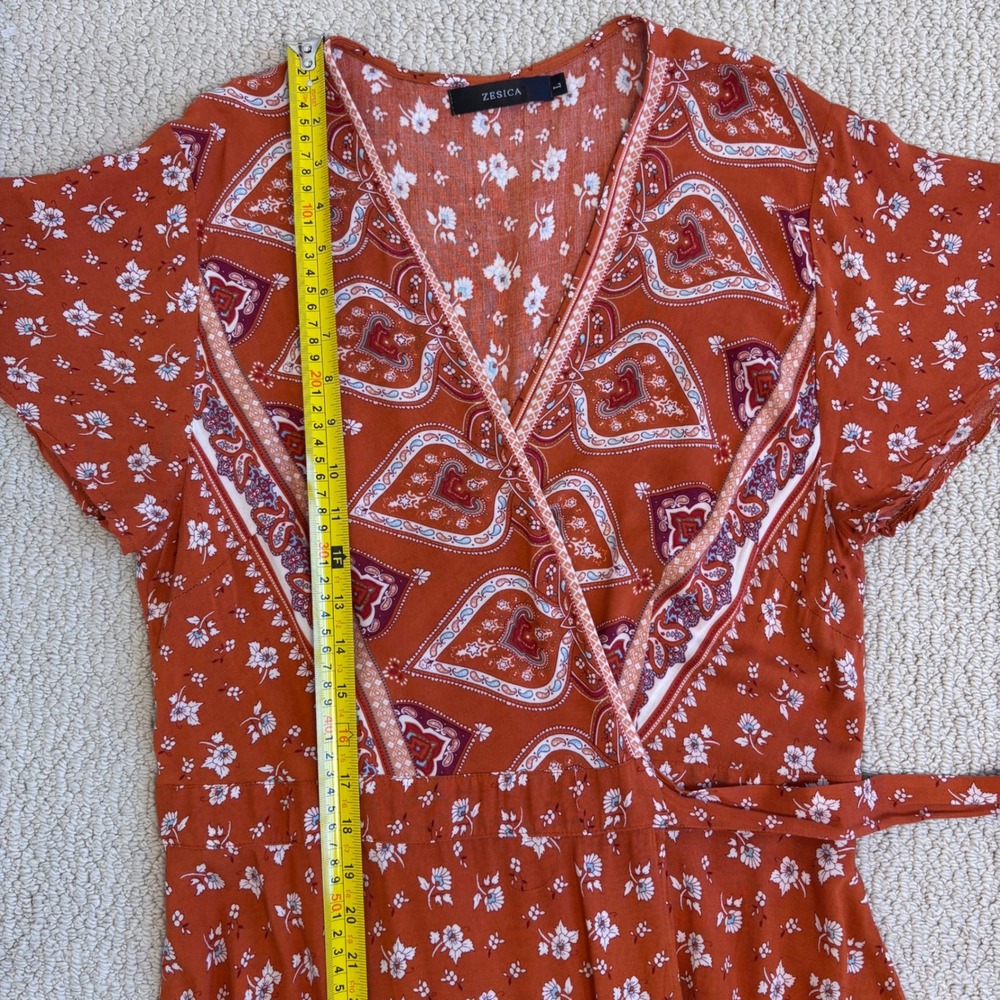 Bohemian‎ Floral Wrap Maxi Dress, Size Large Rust Orange Paisley Hippie Prairie - Picture 12 of 16